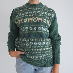 Crown And Ivy Green Fair Isle Dog Print Snowflake Knit Cottagecore Sweater M